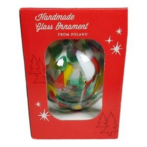 Glass Blown Ornament Christmas Tree Round Clear Red Green Decor Poland Handmade
